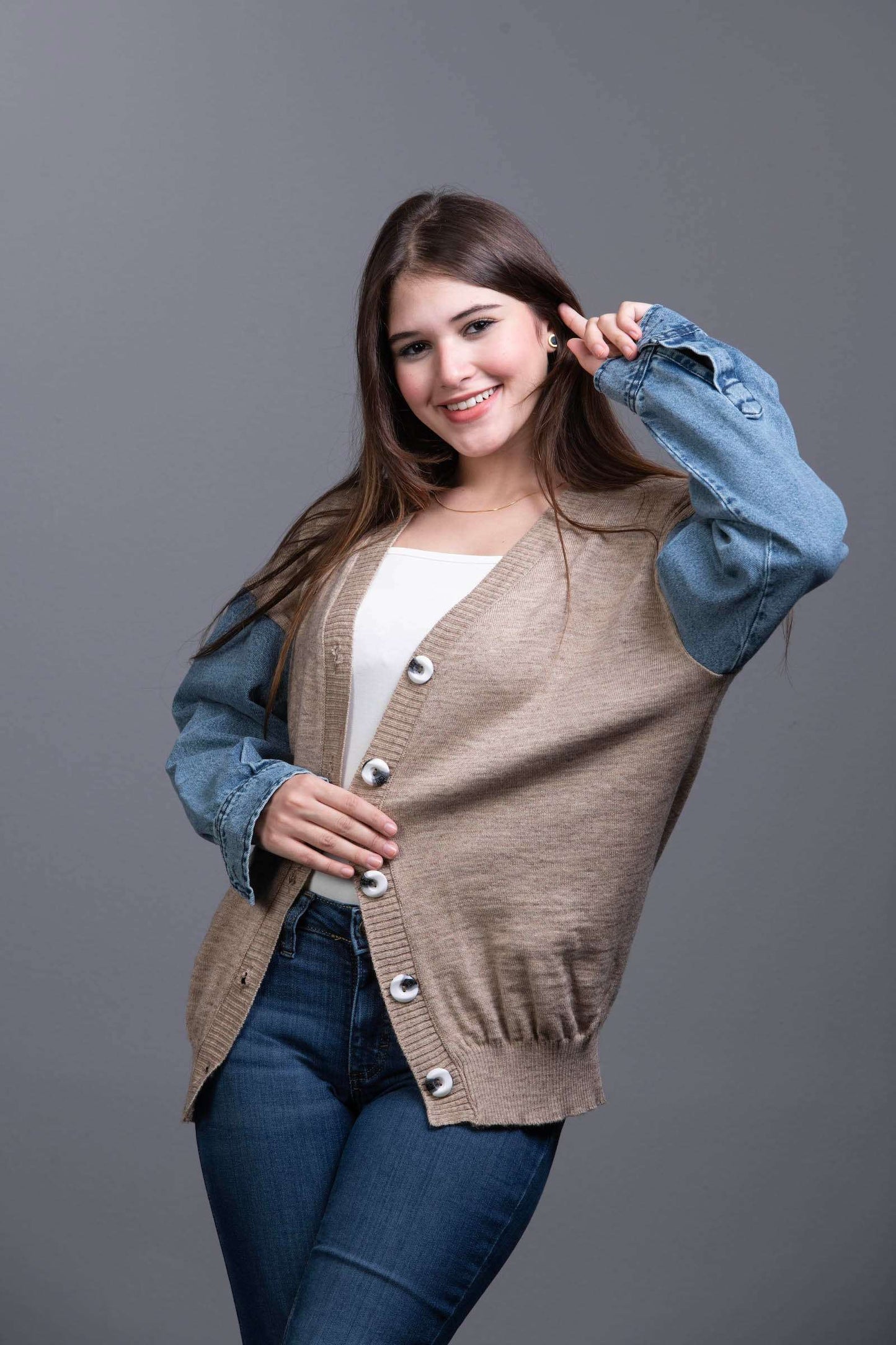 cafe Knit Sweater with Denim Sleeveless