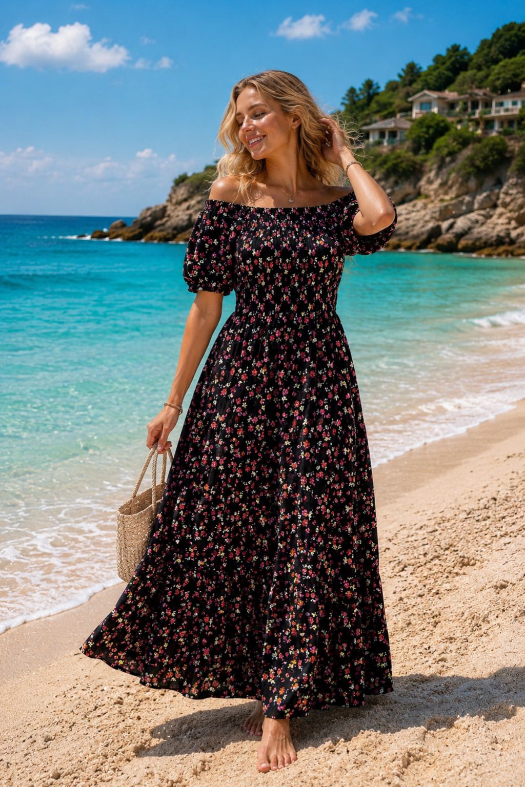 Basic Wear Club | Floral Rayon Cotton Short Sleeves Maxi Dress | Summer Beach Dress for Women