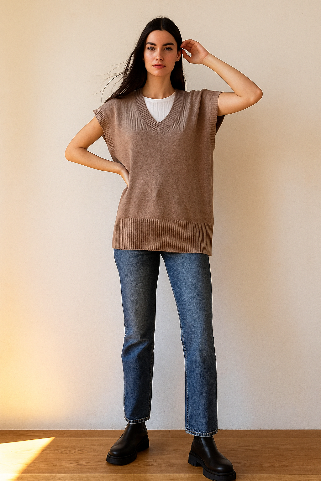 florai brown V-Neck Solid Knit Sweater Vest
