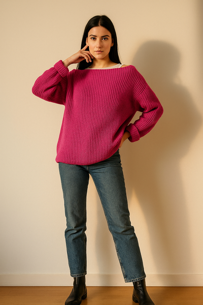 fuchsia No Colure Wide Sleeve Ribbed Knit Sweater