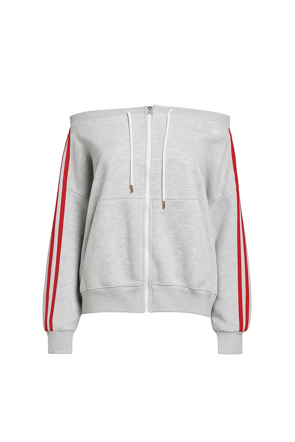gray Off-Shoulder Zip Hoodie