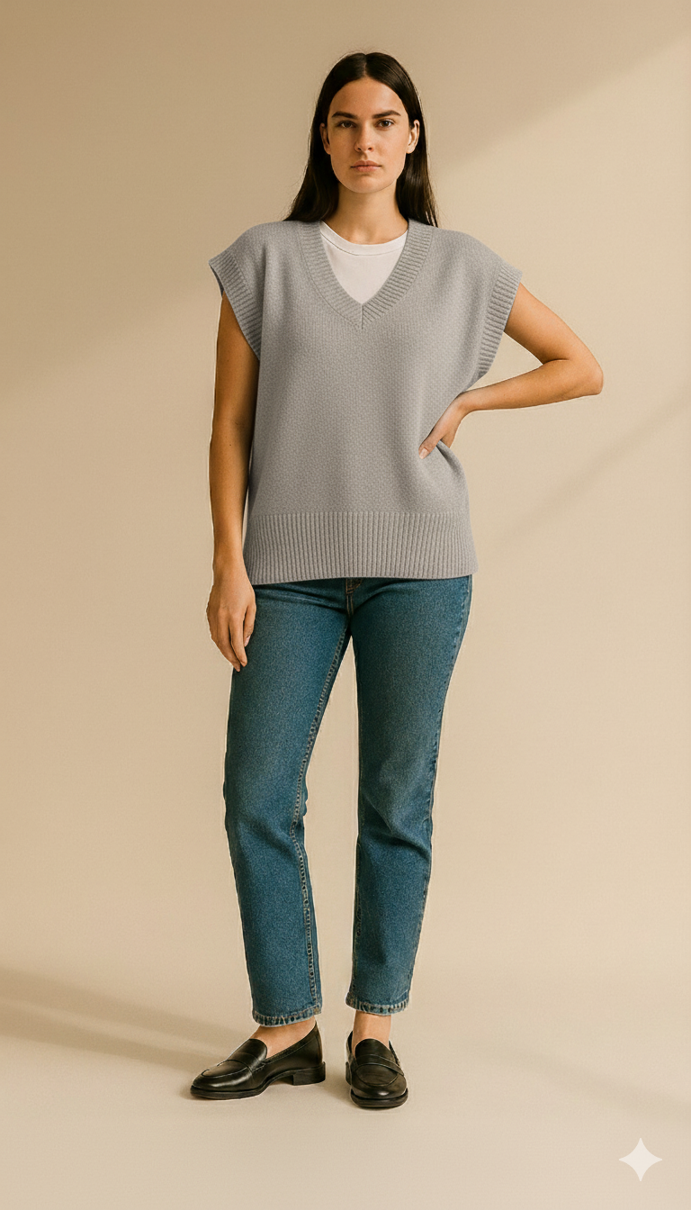 gray V-Neck Solid Knit Sweater Vest
