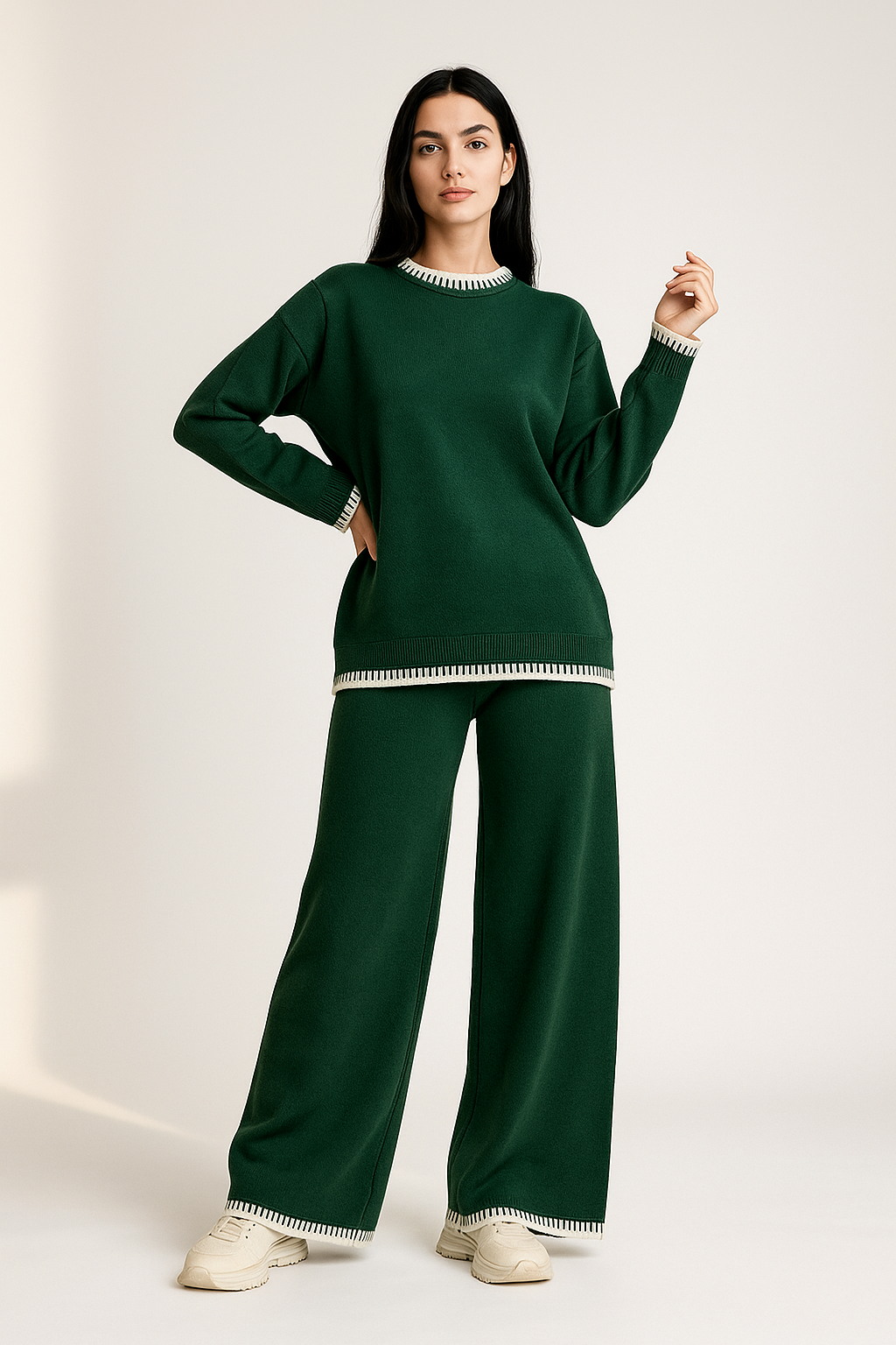green Two-Piece Knit Lounge Set with Contrast Trim