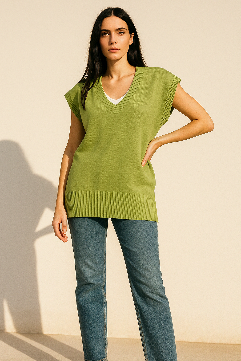 green V-Neck Solid Knit Sweater Vest
