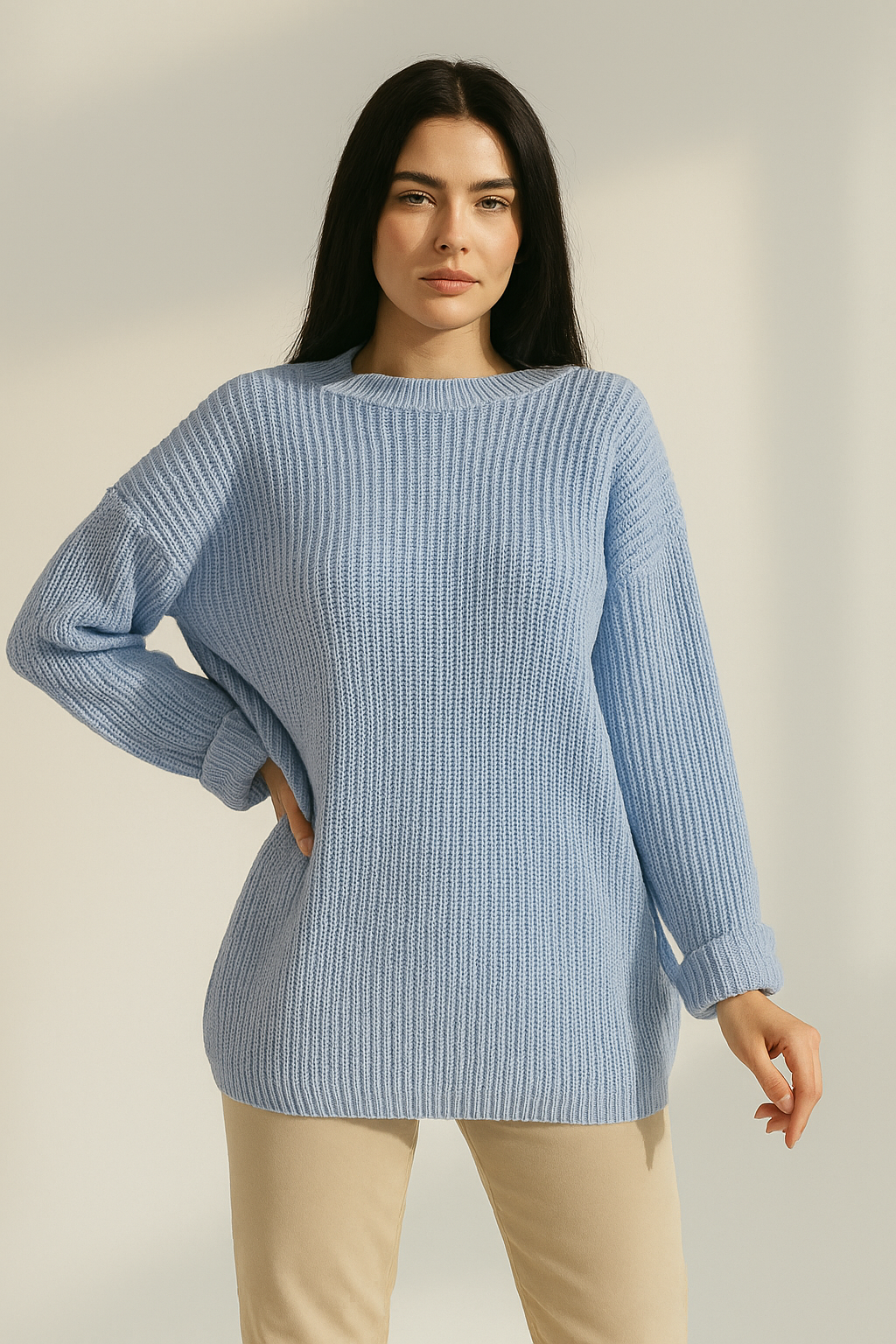  light bluek_Wide_Sleeve_Ribbed_Knit_Sweater