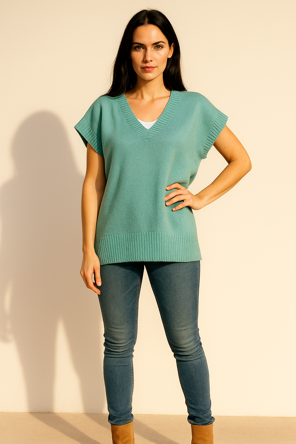 mint green V-Neck Solid Knit Sweater Vest
