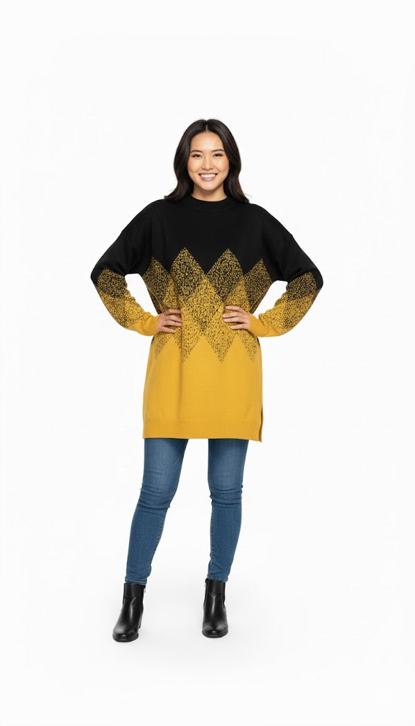 Geometric Pattern Oversized Turtleneck Top