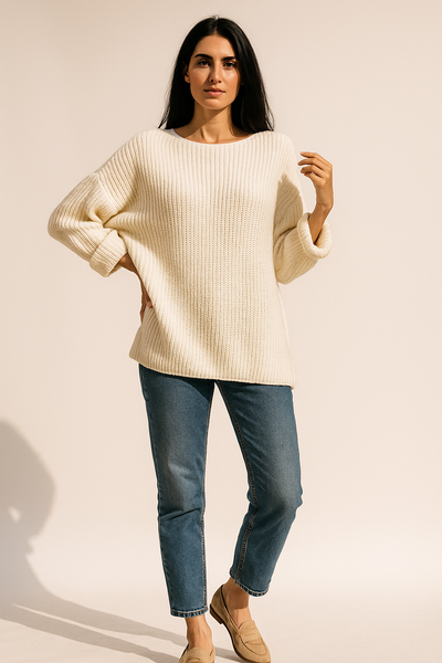 off white No Colure Wide Sleeve Ribbed Knit Sweater