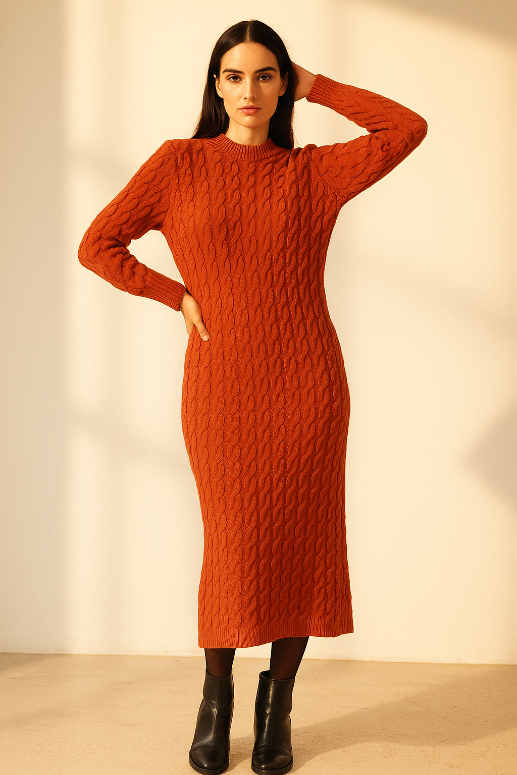 orange Cozy Cable Knit Bodycon Dress
