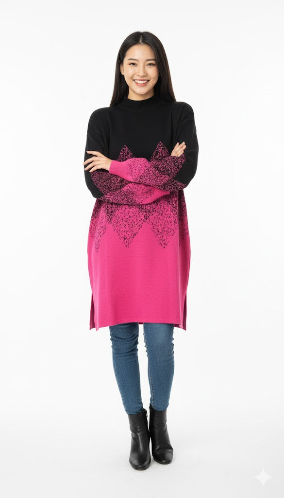 Geometric Pattern Oversized Turtleneck Top