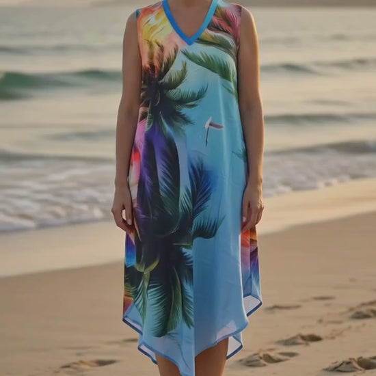 Women's Tropical Print Sleeveless V-Neck Asymmetrical Hem Summer Dress