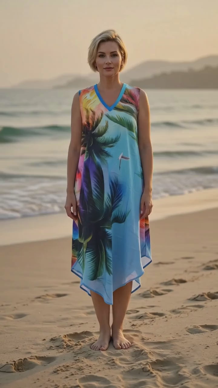 Women's Tropical Print Sleeveless V-Neck Asymmetrical Hem Summer Dress