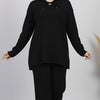 طقم أسود – Black Ribbed Knit Lounge Set – Lace-Up Collar Top & Wide-Leg Pants | Basic Wear Club Egypt