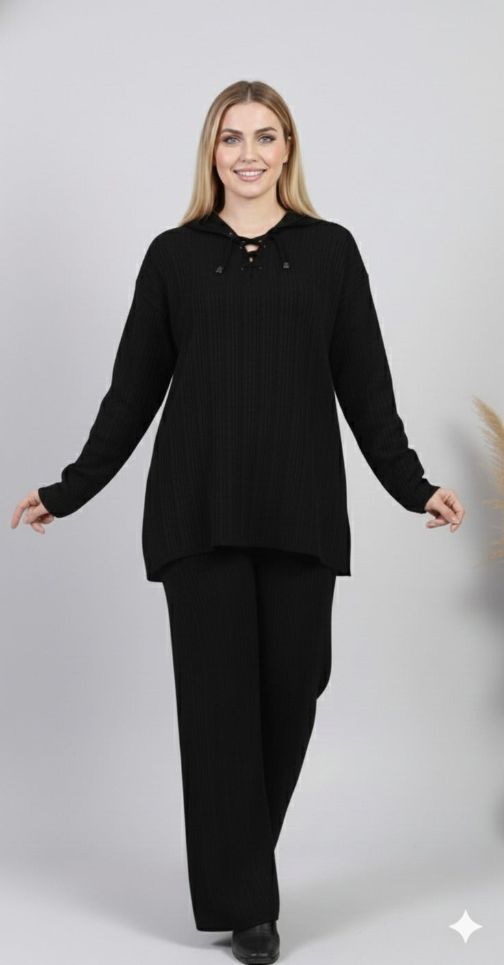 طقم أسود – Black Ribbed Knit Lounge Set – Lace-Up Collar Top & Wide-Leg Pants | Basic Wear Club Egypt