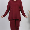 طقم عنابي – Burgundy Ribbed Knit Lounge Set – Lace-Up Collar Top & Wide-Leg Pants | Basic Wear Club Egypt