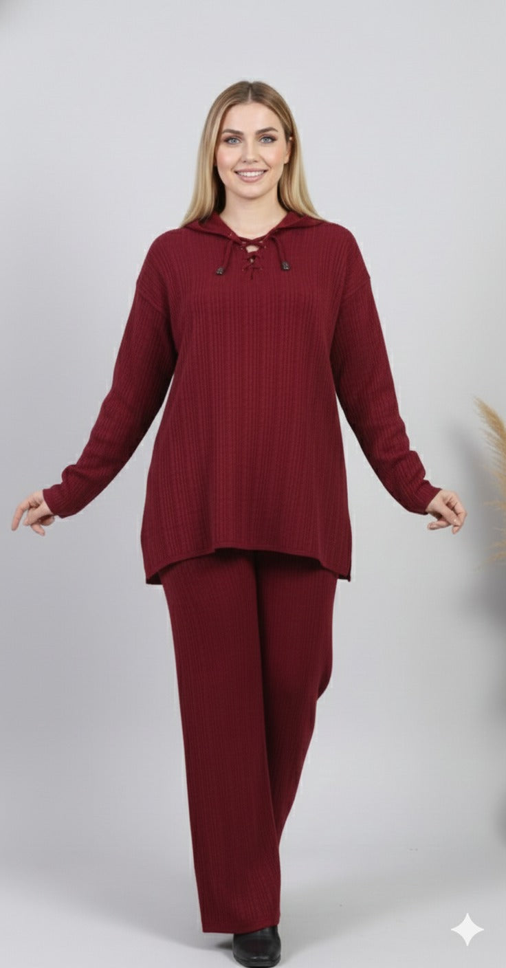 طقم عنابي – Burgundy Ribbed Knit Lounge Set – Lace-Up Collar Top & Wide-Leg Pants | Basic Wear Club Egypt