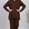 طقم بني غامق – Dark Brown Ribbed Knit Lounge Set – Lace-Up Collar Top & Wide-Leg Pants | Basic Wear Club Egypt