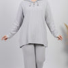 طقم رمادي – Gray Ribbed Knit Lounge Set – Lace-Up Collar Top & Wide-Leg Pants | Basic Wear Club Egypt