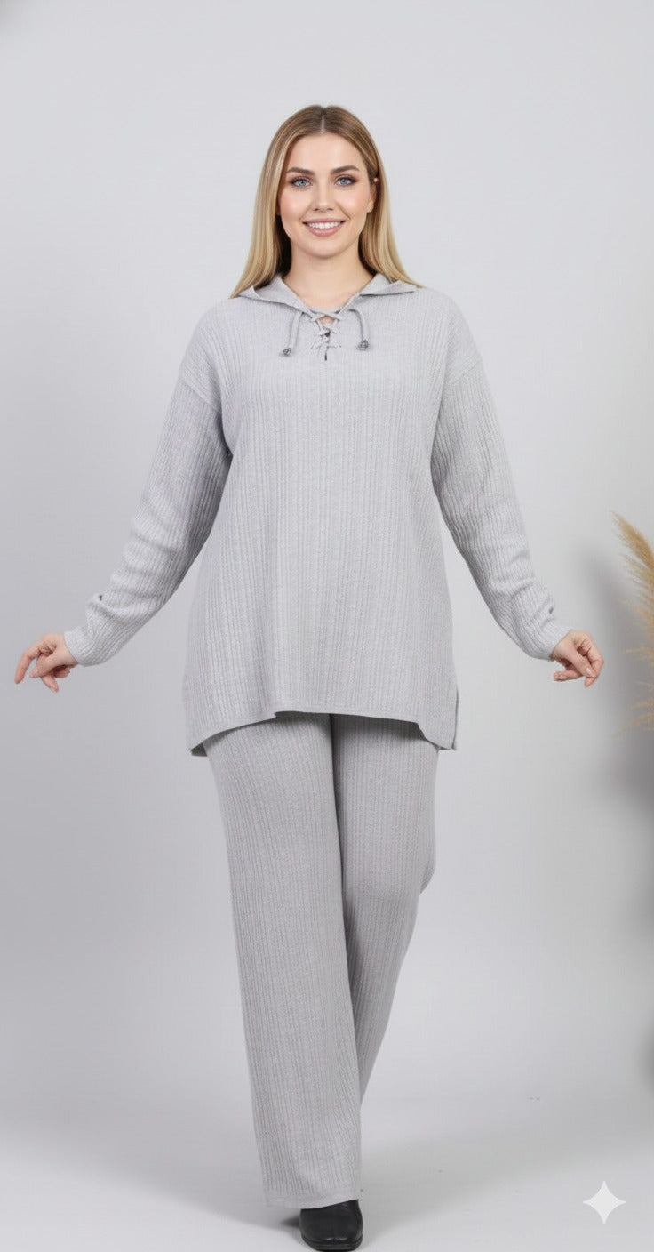 طقم رمادي – Gray Ribbed Knit Lounge Set – Lace-Up Collar Top & Wide-Leg Pants | Basic Wear Club Egypt