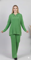 طقم أخضر – Green Ribbed Knit Lounge Set – Lace-Up Collar Top & Wide-Leg Pants | Basic Wear Club Egypt