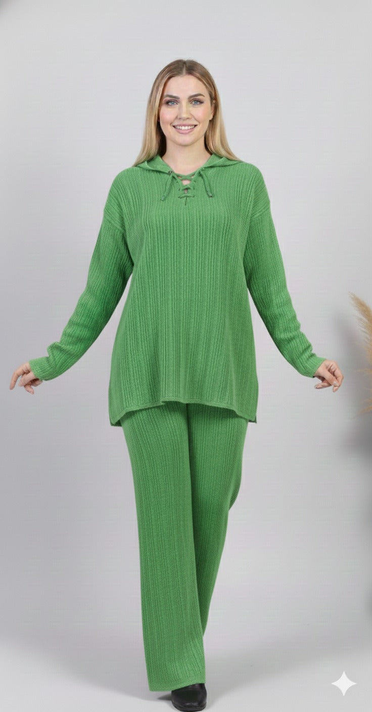 طقم أخضر – Green Ribbed Knit Lounge Set – Lace-Up Collar Top & Wide-Leg Pants | Basic Wear Club Egypt