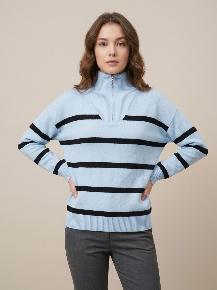 بلوفر أزرق بيبي – Baby Blue Striped Zip-Neck Knit Sweater | Basic Wear Club Egypt