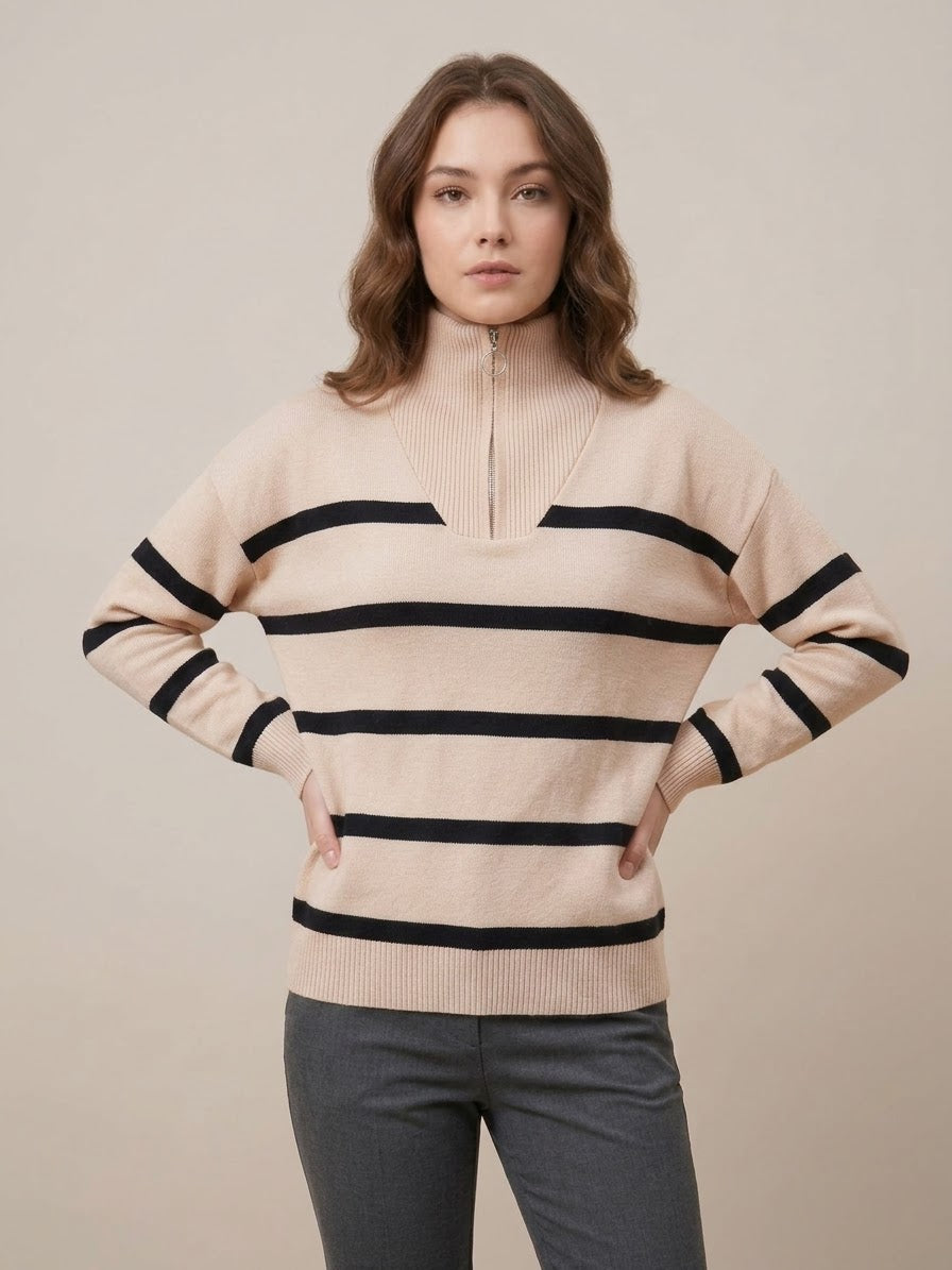 بلوفر بيج – Beige Striped Zip-Neck Knit Sweater | Basic Wear Club Egypt