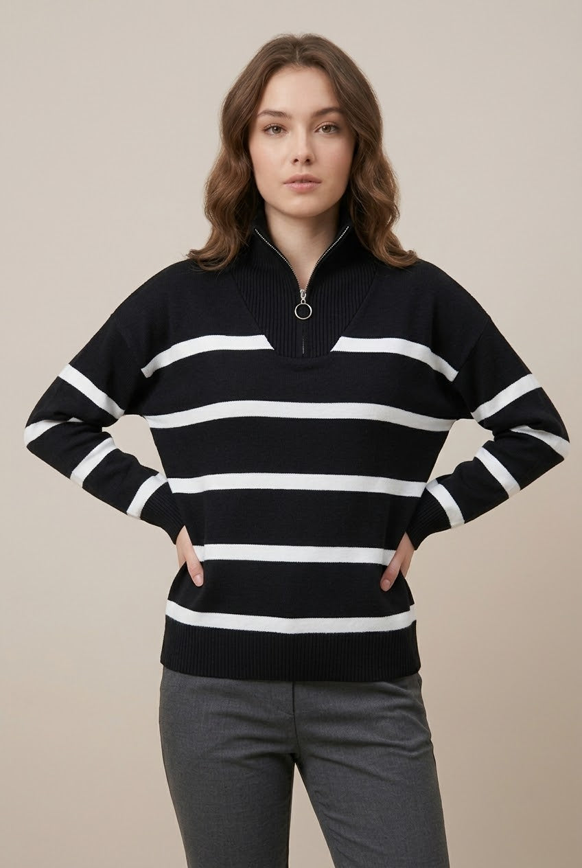 بلوفر أسود – Black Striped Zip-Neck Knit Sweater | Basic Wear Club Egypt