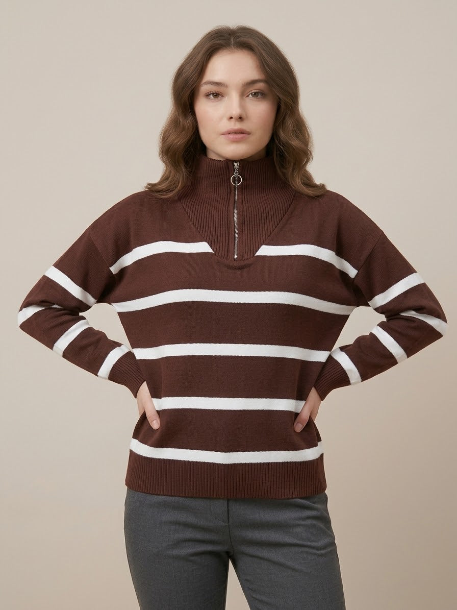 بلوفر بني – Brown Striped Zip-Neck Knit Sweater | Basic Wear Club Egypt