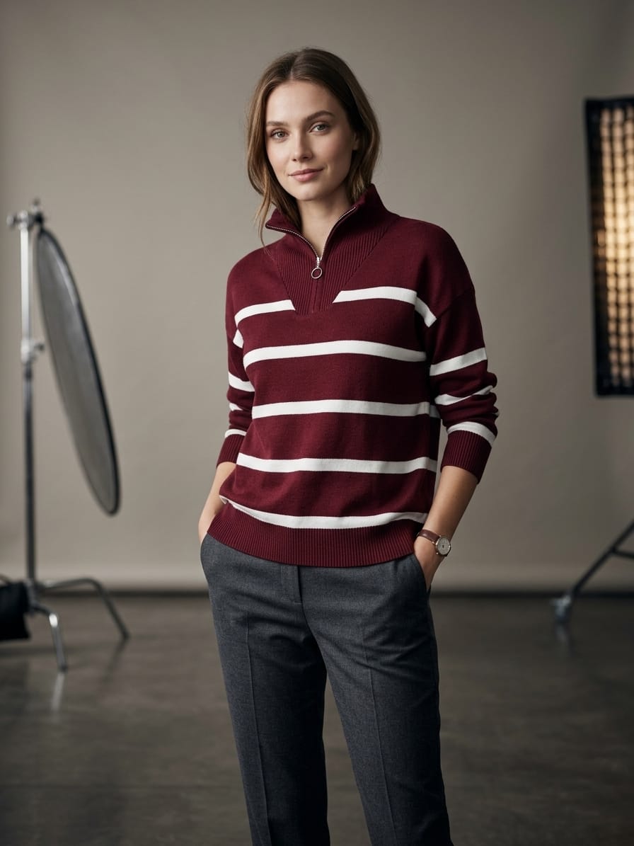 بلوفر عنابي – Burgundy Striped Zip-Neck Knit Sweater | Basic Wear Club Egypt