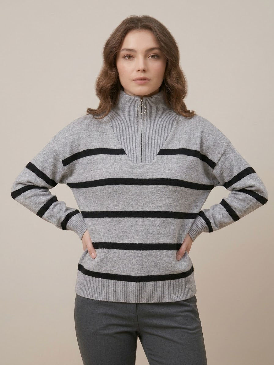 بلوفر رمادي – Gray Striped Zip-Neck Knit Sweater | Basic Wear Club Egypt