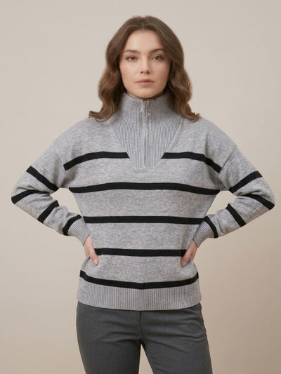 بلوفر رمادي – Gray Striped Zip-Neck Knit Sweater | Basic Wear Club Egypt