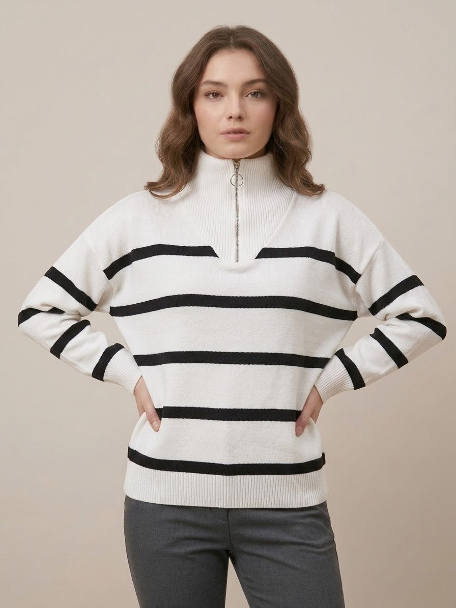 بلوفر أوف وايت – Off-White Striped Zip-Neck Knit Sweater | Basic Wear Club Egypt