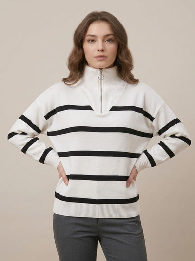 بلوفر أوف وايت – Off-White Striped Zip-Neck Knit Sweater | Basic Wear Club Egypt