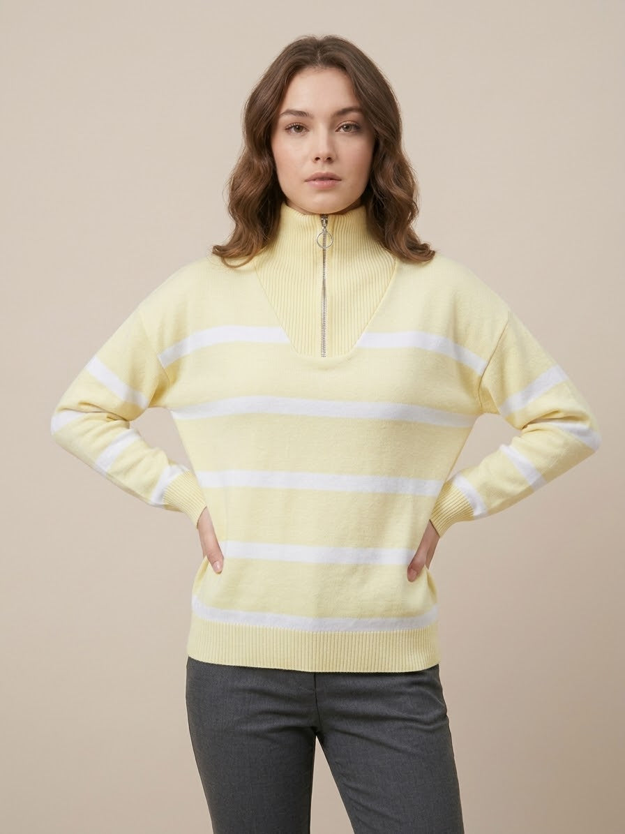 بلوفر أصفر – Yellow Striped Zip-Neck Knit Sweater | Basic Wear Club Egypt