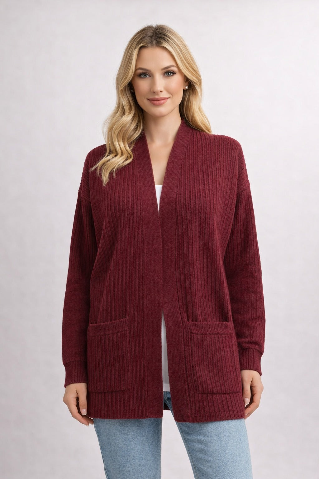 كارديجان عنابي – Burgundy Ribbed Knit Long Cardigan – Open Front with Patch Pockets | Basic Wear Club Egypt