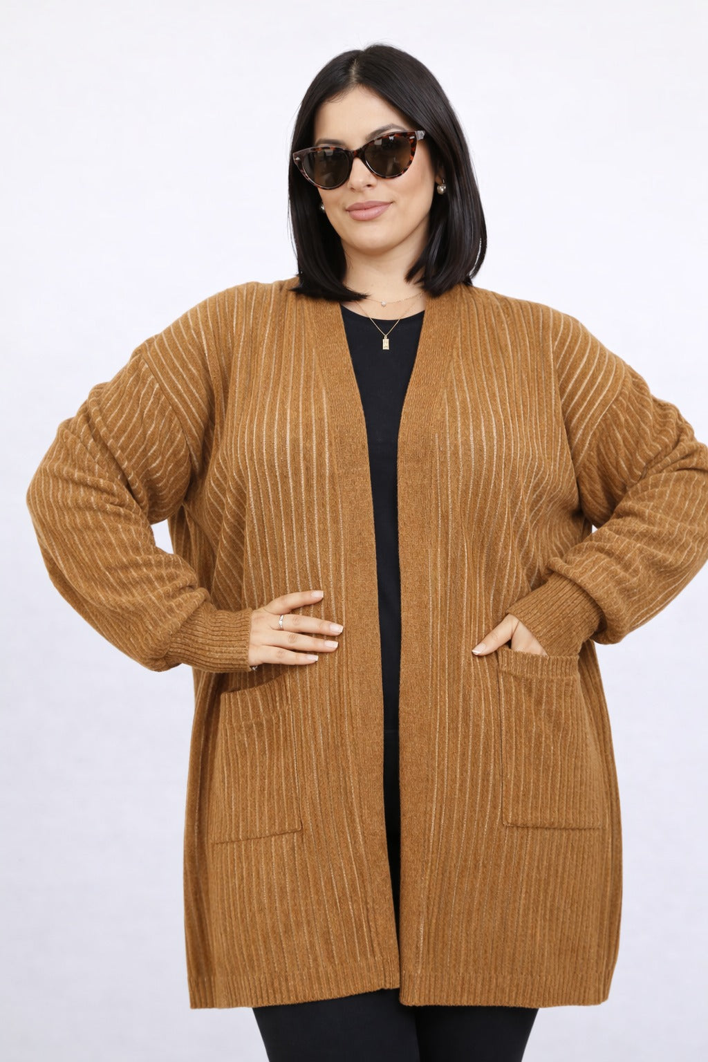 كارديجان كافيه – Café Ribbed Knit Long Cardigan – Open Front with Patch Pockets | Basic Wear Club Egypt