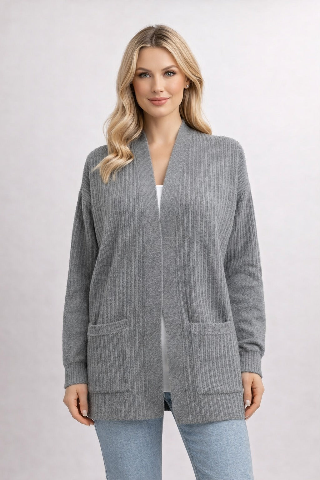 كارديجان رمادي – Gray Ribbed Knit Long Cardigan – Open Front with Patch Pockets | Basic Wear Club Egypt