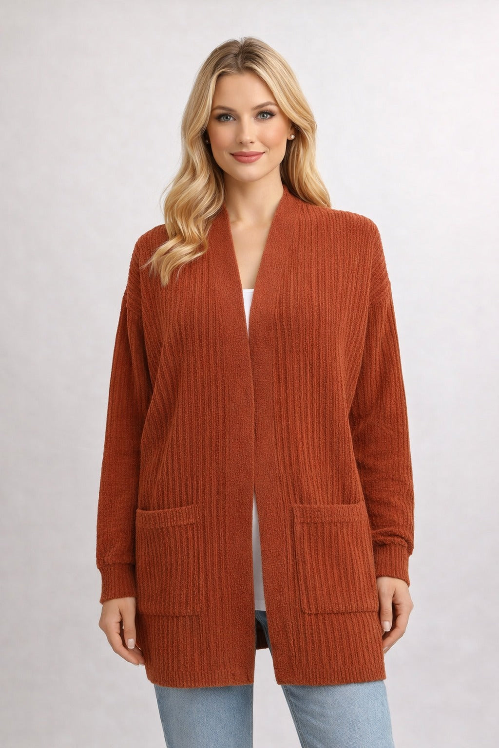 كارديجان – Rust Ribbed Knit Long Cardigan – Open Front with Patch Pockets | Basic Wear Club Egypt