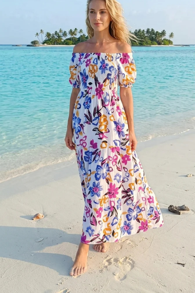 white Floral Rayon Cotton Maxi Dress | Basic Wear Club