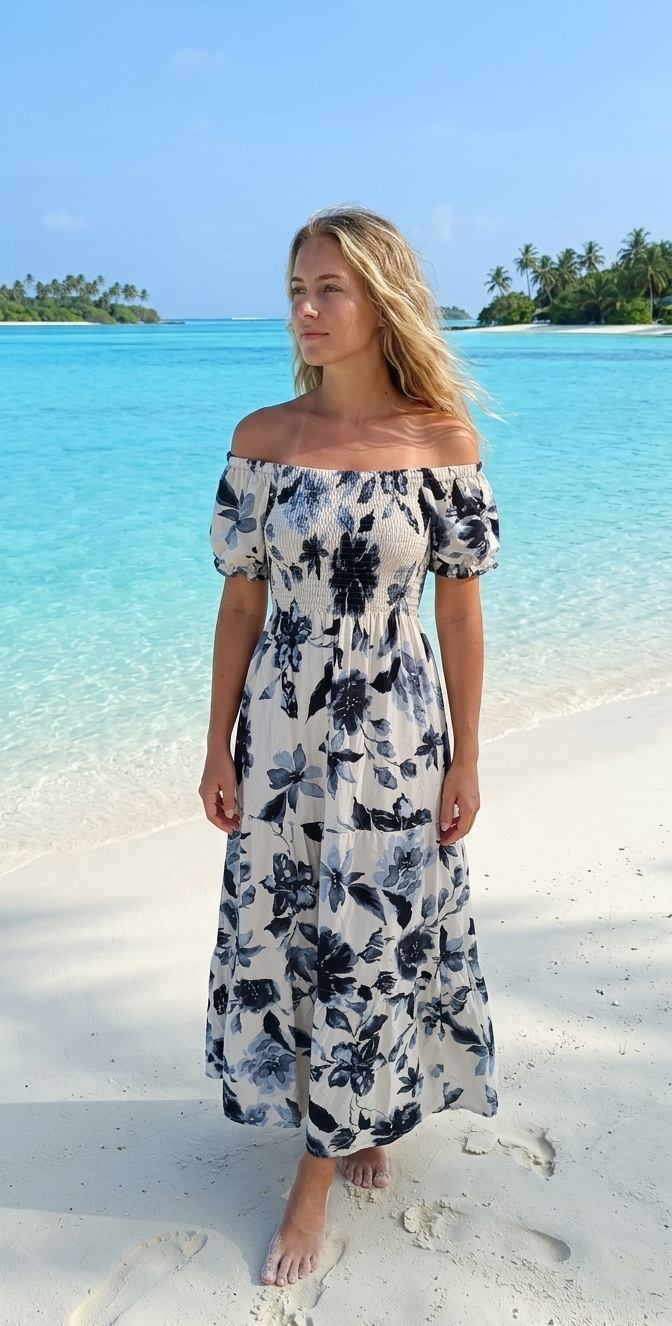 white Floral Rayon Cotton Maxi Dress | Basic Wear Club