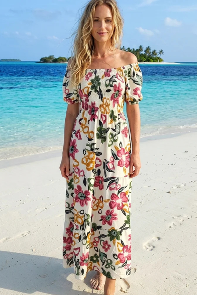 white Floral Rayon Cotton Maxi Dress | Basic Wear Club