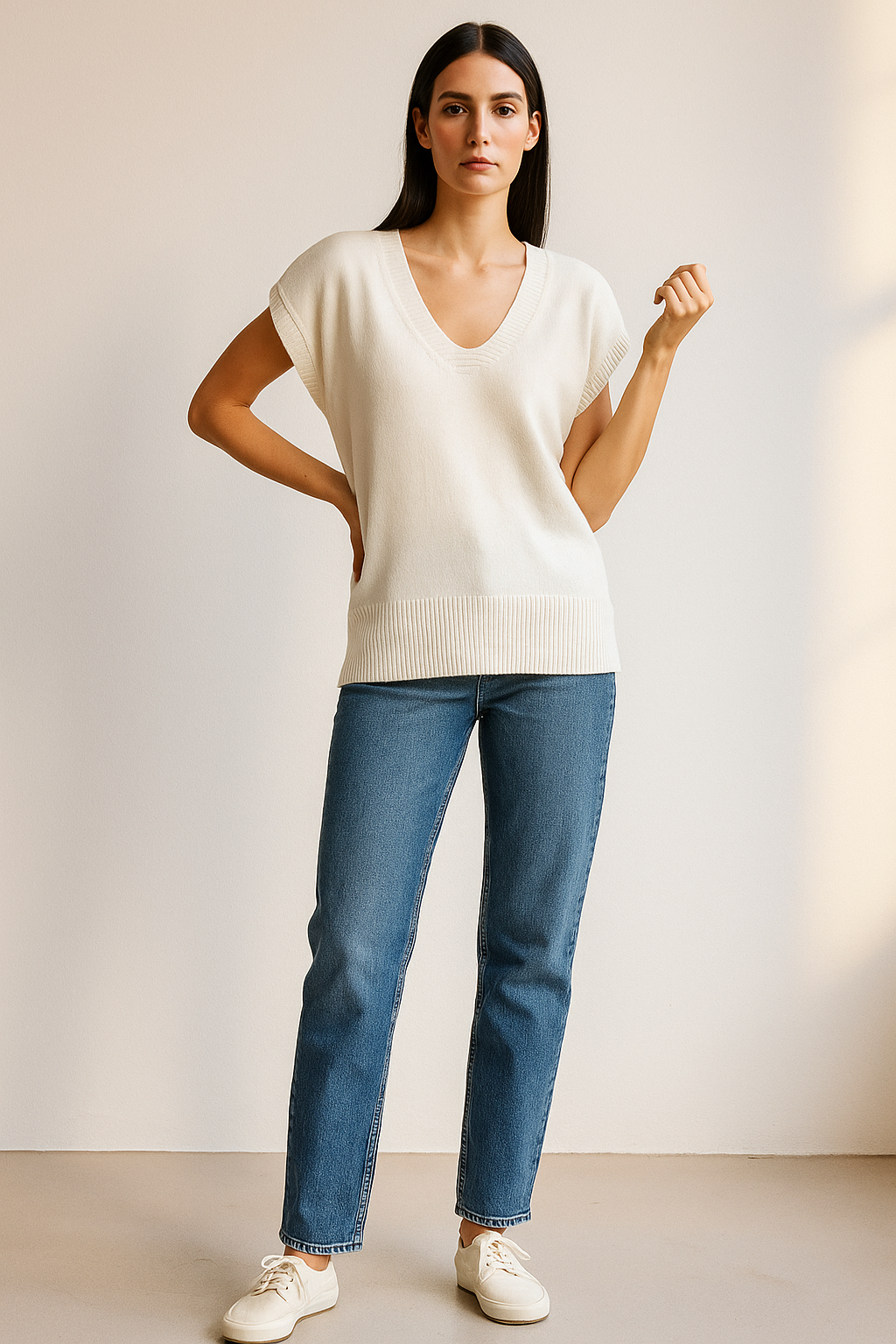 white V-Neck Solid Knit Sweater Vest
