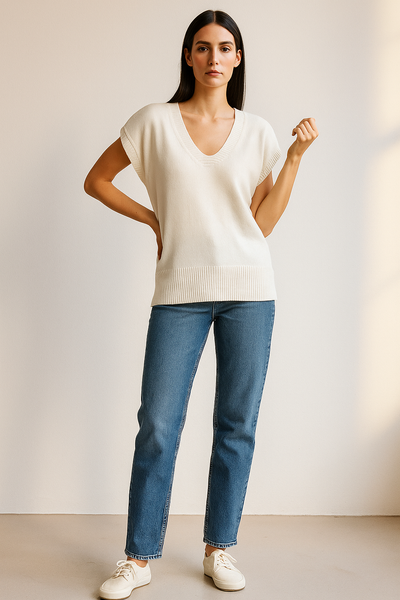 white V-Neck Solid Knit Sweater Vest
