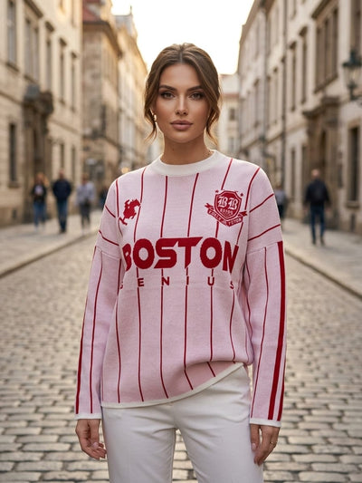 بلوفر أبيض – White Women's Boston Genius Graphic Knit Sweater | Basic Wear Club Egypt