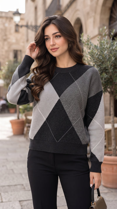 بلوفر أسود – Black Women's Patterned Crew Neck Knit Sweater | Basic Wear Club Egypt