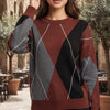 بلوفر عنابي – Burgundy Women's Patterned Crew Neck Knit Sweater | Basic Wear Club Egypt