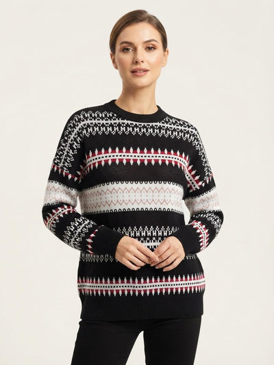 بلوفر أسود – Black Women's Patterned Crew Neck Knit Sweater | Basic Wear Club Egypt