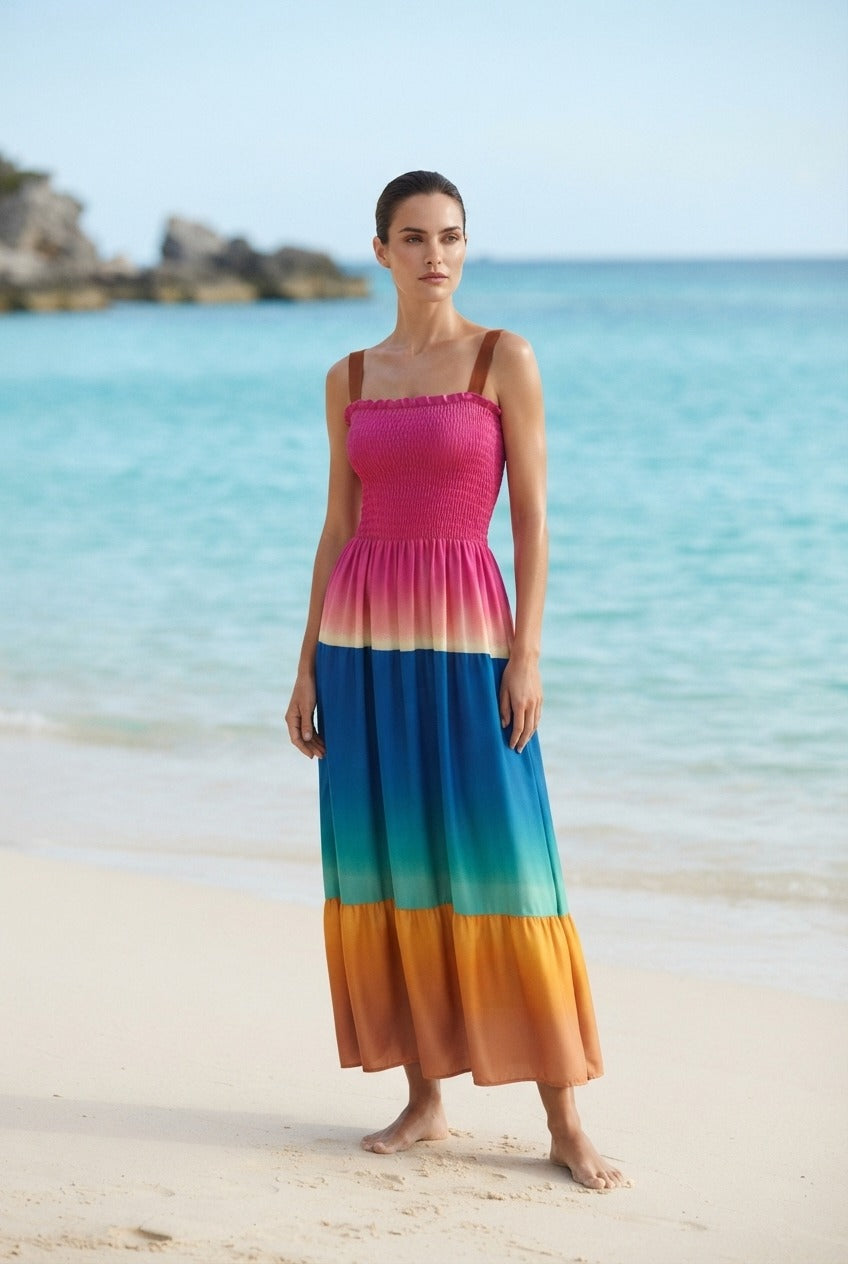 فستان أزرق – Blue Women's Tie-Strap Tiered Beach Maxi Sundress | Basic Wear Club Egypt